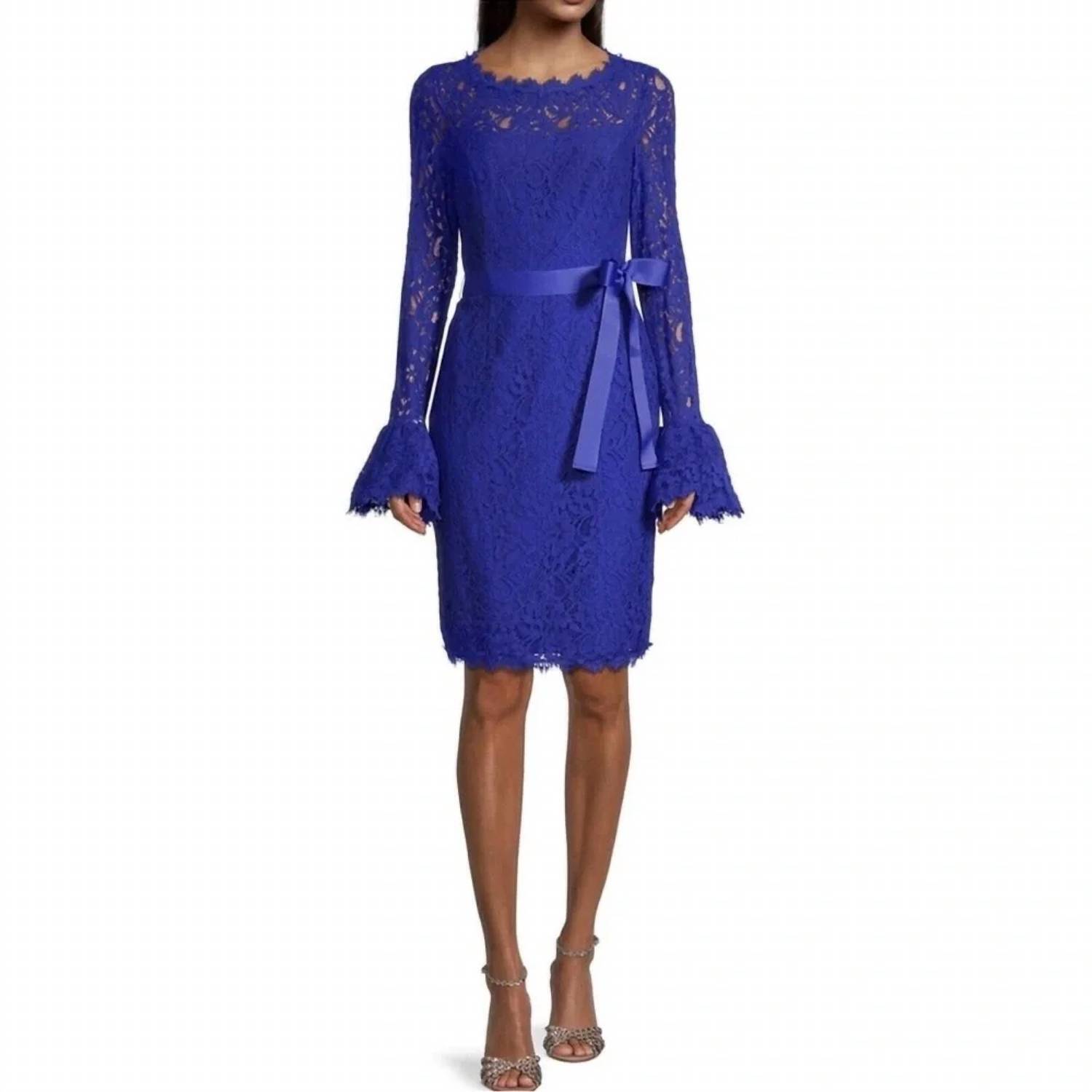 New Nue By Shani Bell Sleeve Lace Sheath Dress In Blue